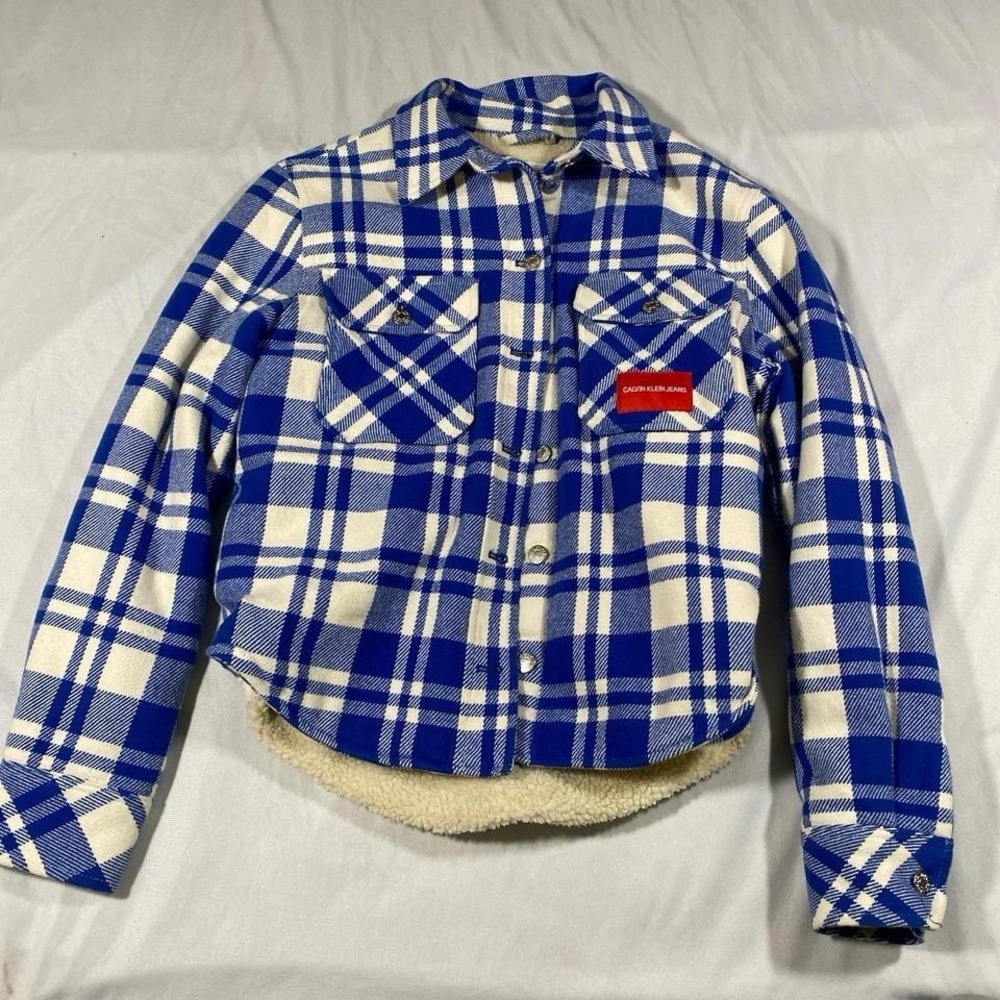 Calvin Klein Jeans Royal Blue and White Plaid Sherpa-Lined Bomber Jacket